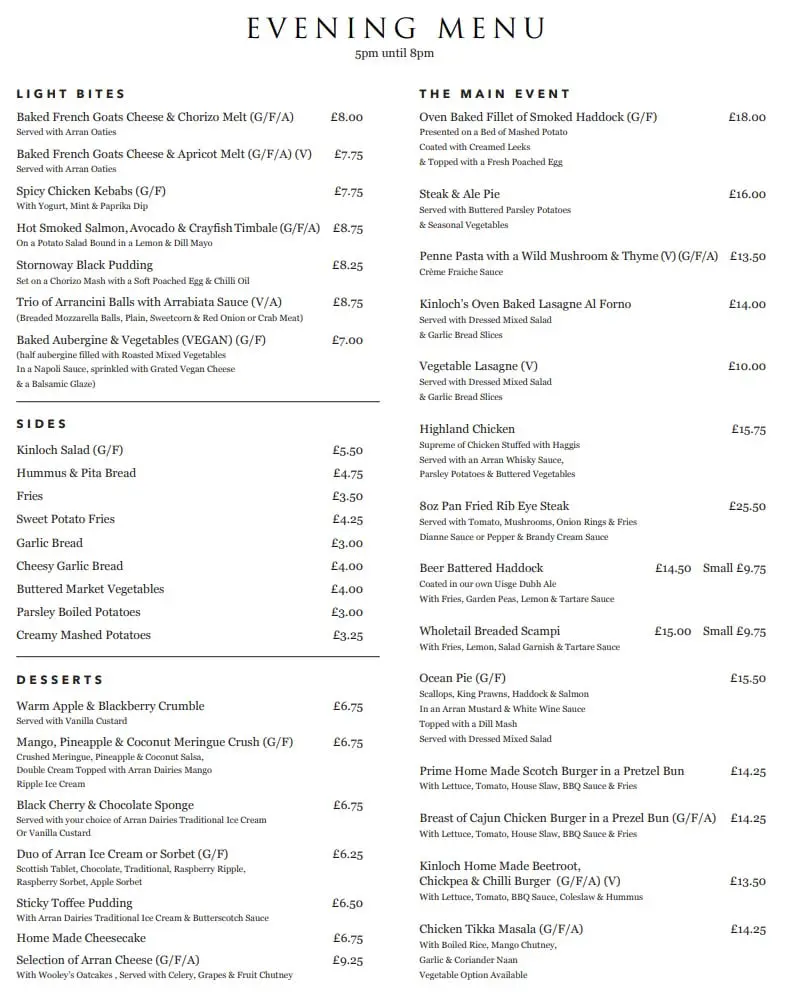 kinloch hotel menu